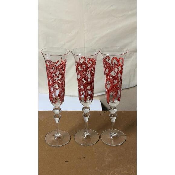 Set of 3 Red Swirl Hand-Painted Champagne Flutes – Elegant Glasses - Picture 3 of 6